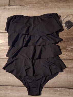 Michael Kors 6 Cascading Ruffle Black Strapless One piece Swimsuit